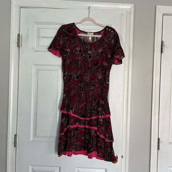 Matilda Jane Women's Helena Dress S Burgundy Red Floral Flounce Sleeves - Picture 1 of 6